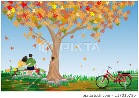 A couple sitting and embracing each other on a wooden chair under maple tree in autumn vector design 117030780