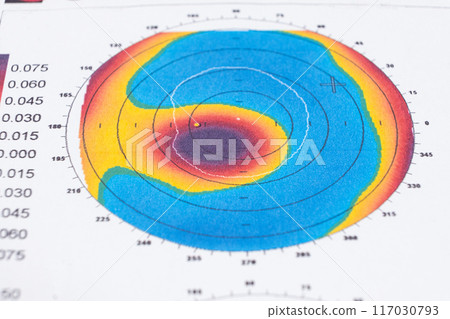 Results of the examination of the thickness and curvature of the cornea in a patient with keratoconus 117030793