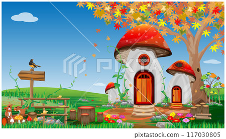 fantasy house in mushrooms with maple tree in Autumn, vector design 117030805