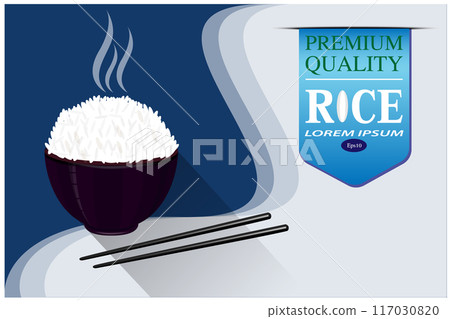 steamed rice in a purple cup on a blue background.vector design 117030820