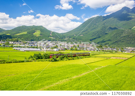 紅色列車穿過鮮綠的由布院盆地 紅色列車穿過鮮綠的由布院盆地 117030892