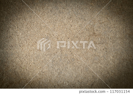 Texture of particle board wall made from waste products from woodworking industry, bonded with phenol-formaldehyde or other chemical binders. At the edges, surface is blurred and there is vignette 117031154