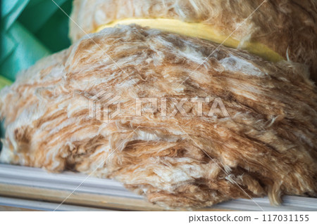 Roll of mineral wool with particles of basalt insulation. Excellent solution for thermal insulation in house construction. Good indicators of thermal conductivity and heat transfer resistance 117031155