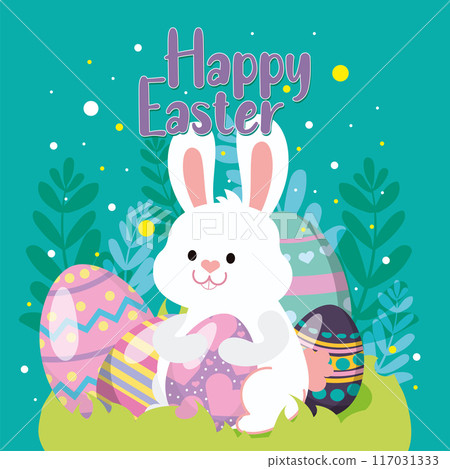 Happy easter car Bunny and easter eggs Vector Happy easter car Bunny and easter eggs Vector 117031333