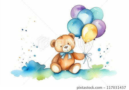 Teddy bear sitting on garland and balloons, greating card concept Teddy bear sitting on garland and balloons, greating card concept 117031437