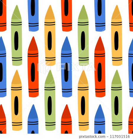 A seamless pattern with colorful wax crayons. Background, banner, texture, textile, wallpaper, wrapping paper, packaging template. 117031516