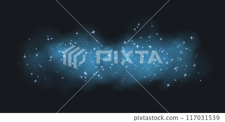 Blue magic smoke with stars and sparkles, fog with glowing particles, colorful vapor with star dust. Blue magic smoke with stars and sparkles, fog with glowing particles, colorful vapor with star dust. 117031539