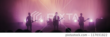 Live Rock Concert With Colorful Lights and Silhouetted Musicians During the Evening 117031822