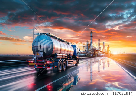 truck on highway in motion transporting fuel to oil refinery against sunset sky truck on highway in motion transporting fuel to oil refinery against sunset sky 117031914