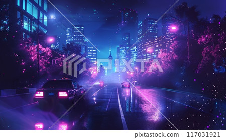 night city street with colorful neon lights, reflection in puddles and water, rainy foggy weather night city street with colorful neon lights, reflection in puddles and water, rainy foggy weather 117031921