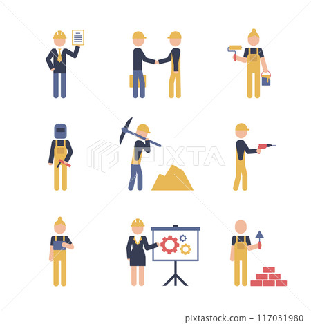 Construction risk icon symbol collection on white background. Construction pictograms in color. Building characters. Construction risk icon symbol collection on white background. Construction pictograms in color. Building characters. 117031980