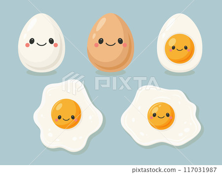Vector Egg Character Set. Cute Eggs in Kawaii Cartoon Style. Boiled and Fried Egg with Funny Cute Face 117031987
