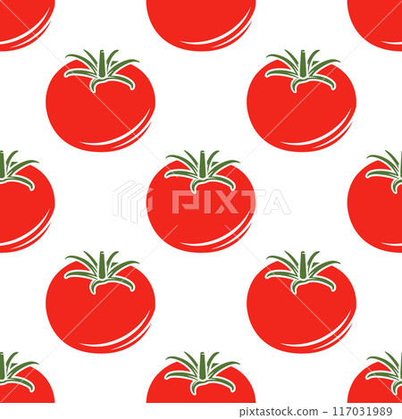 Vector Seamless Pattern with Whole Red Tomato on White Background. Fresh Tomato Print for Textile, Paper 117031989