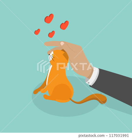 3D Isometric Flat Vector Illustration of Care of Domestic Animal, Person Tenderly Strokes Adorable Fluffy Pet 117031991