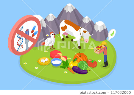 3D Isometric Flat Vector Illustration of Organic Farming, Products Without Antibiotics, Hormones, or GMO Ingredients 117032000