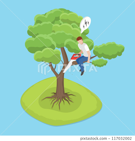 3D Isometric Flat Vector Illustration of Making Great Mistake, A Man Cutting Branch While Seated on It 117032002