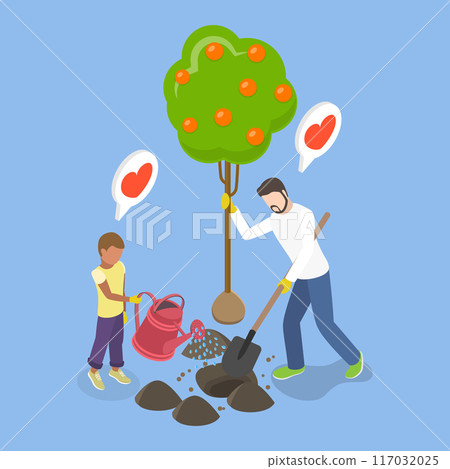 3D Isometric Flat Vector Illustration of Family Garden, Parent and Kid Planting a Tree with Watering Can and Shovel 117032025