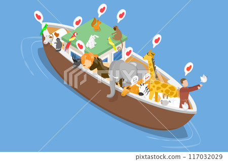 3D Isometric Flat Vector Illustration of Ark And Noah, Noah releases dove from ark in Genesis flood narrative scene. 117032029