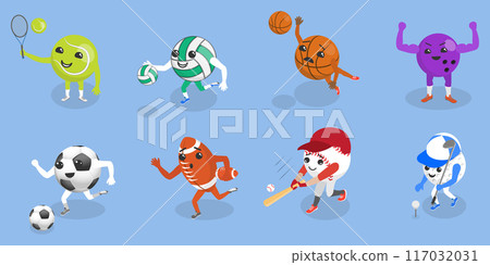 3D Isometric Flat Vector Set of Cartoon Sport Ball Mascot, Funny Cartoon Characters 117032031