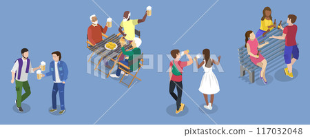 3D Isometric Flat Vector Illustration of People Enjoy Beer, Refreshing and Sociable Qualities of the Drink 3D Isometric Flat Vector Illustration of People Enjoy Beer, Refreshing and Sociable Qualities of the Drink 117032048