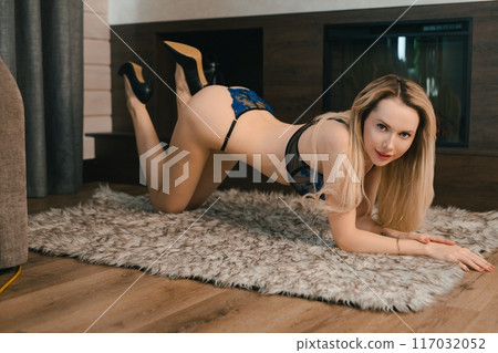 Woman in Lingerie Posing on Fluffy Rug in Home Interior Woman in Lingerie Posing on Fluffy Rug in Home Interior 117032052