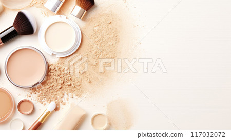 Set of different makeup accessories on beige background. Cosmetic products for skin care. Set of different makeup accessories on beige background. Cosmetic products for skin care. 117032072