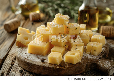 cubes of yellow cheese on wooden chopping board 117032073