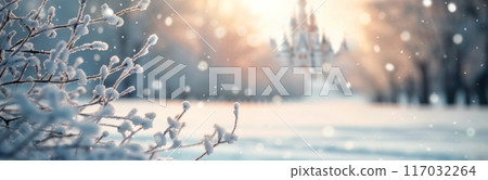 Winter Sunrise Over Snowy Landscape With Castle in Background 117032264