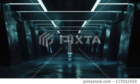 Dark concrete garage with lines of led light, abstract futuristic modern hall interior, perspective of urban construction background. Concept of underground room, warehouse 117032420