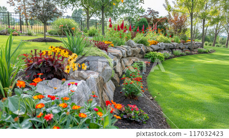 Home garden with stone retaining walls, design of luxury house backyard or terraced landscaped yard. Concept of landscaping, flower, summer, nature. 117032423