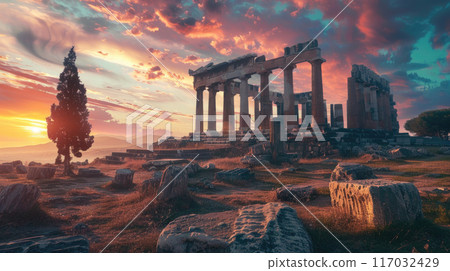 Beautiful view of Ancient temple ruins at sunset, remains of old Greek building on evening sky background. Concept of antique, Greece, landscape, travel, 117032429