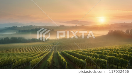 Sunrise Over Rolling Vineyards in Tuscan Countryside Sunrise Over Rolling Vineyards in Tuscan Countryside 117032466