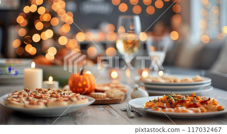 Cozy Autumn Dinner Table With Seasonal Dishes and Warm Lighting Cozy Autumn Dinner Table With Seasonal Dishes and Warm Lighting 117032467