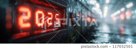 Digital Countdown Timer Displaying 20025 in Urban Setting at Night Digital Countdown Timer Displaying 20025 in Urban Setting at Night 117032501