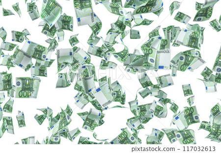 Euro bills falling down, 3D rendering isolated on transparent background 117032613