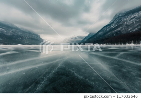 Frozen Lake With Cracked Ice Under Dramatic Cloudy Sky In Winter 117032646
