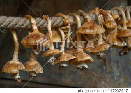 mushrooms drying on a rope 117032647