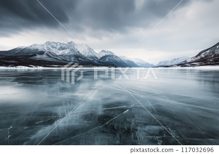 Frozen Lake With Cracked Ice Under Dramatic Cloudy Sky In Winter 117032696