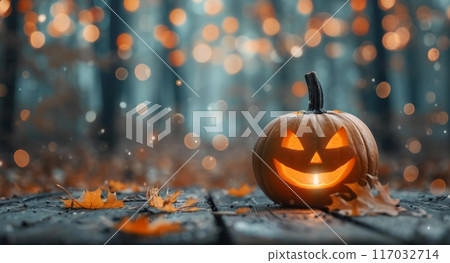 Spooky Jack-O'-Lantern on Wooden Table Surrounded by Autumn Leaves at Dusk 117032714