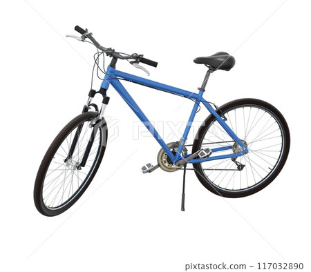 Blue bicycle standing on kickstand, top view isolated on white background, 3D illustration Blue bicycle standing on kickstand, top view isolated on white background, 3D illustration 117032890