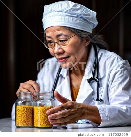 A female doctor examines jars of yellow powder on the table 117032939