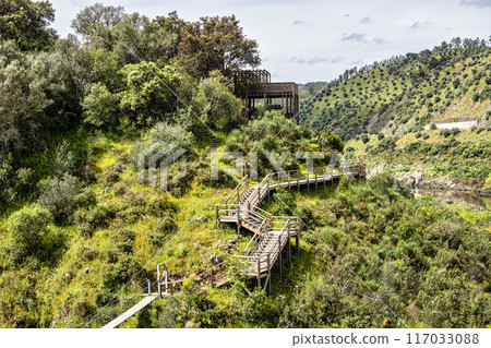 Suspension pedestrian bridge of the Barca da Amieira walkways in Amieira do Tejo, Portugal. 117033088