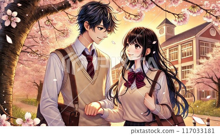 High school girls holding hands in front of the school building 117033181