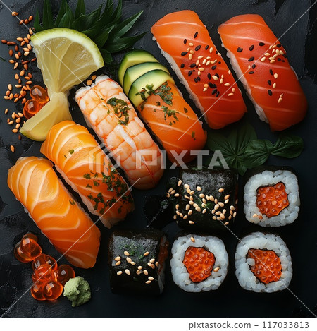appetizing sushi set, on a black plain background 117033813