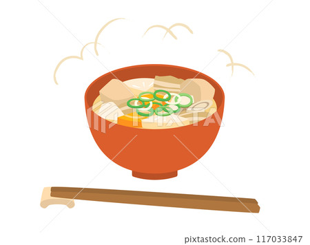 Illustration of pork soup with chopsticks and steam 117033847