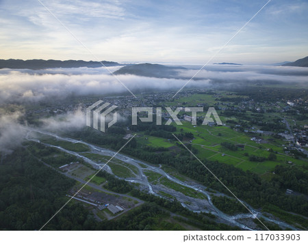 Early summer morning: Sea of clouds in Hakuba, Hakuba Village, Nagano Prefecture (aerial shot by drone) 117033903