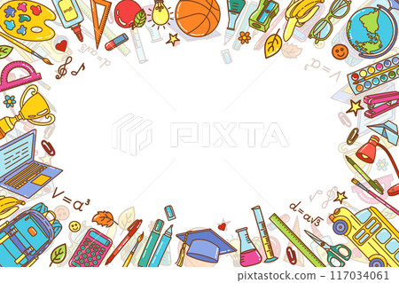 Colorful school themed border vector illustration with educational supplies and tools. School frame 117034061