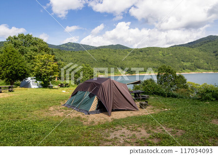 Summer camping at Lake Nozori, tent area Summer camping at Lake Nozori, tent area 117034093