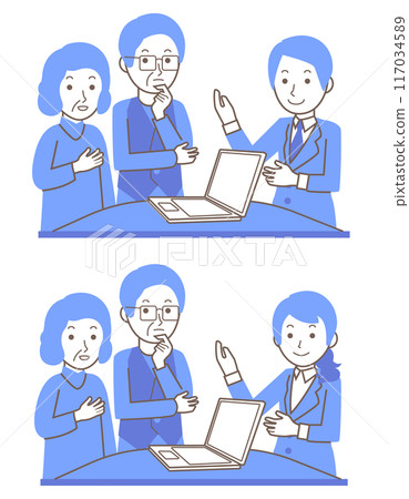 一名女僱員和一名男性僱員為一對老年夫婦服務的插圖 117034589