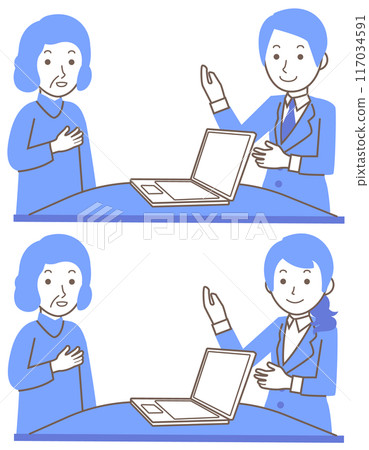 一名女僱員和一名男性僱員為老年婦女服務的插圖 117034591